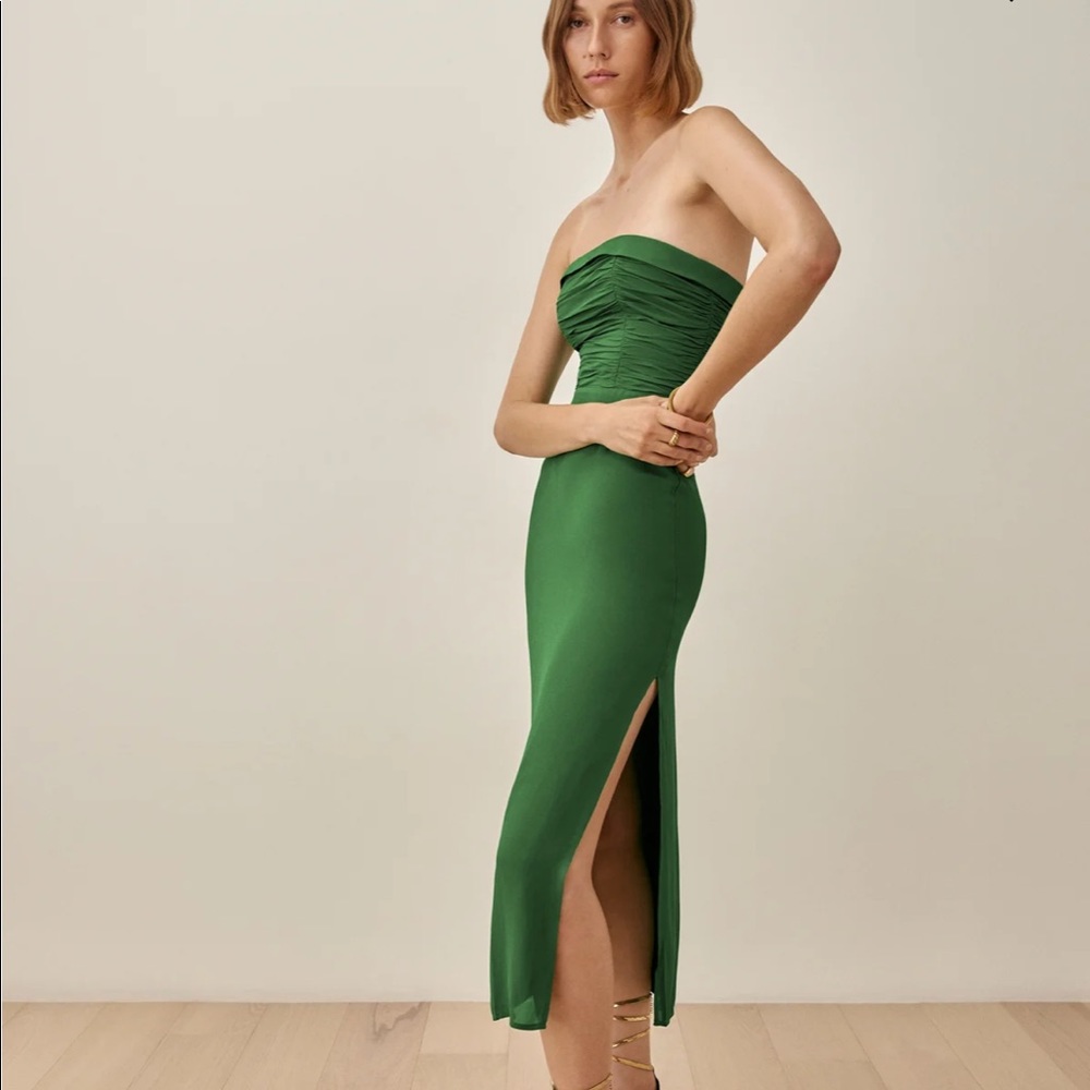 Reformation lore ruched shirred georgette midi dress